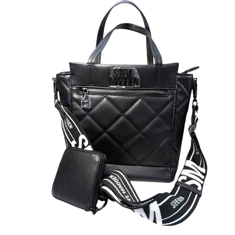 NWT Steve Madden BKLINE 2 Tote Bag Black Quilted Crossbody Strap Pouch